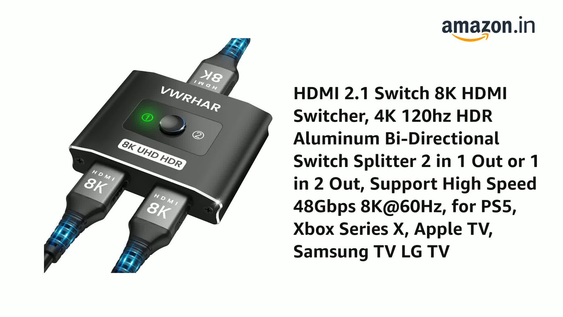 HDMI 2.1 Switch 8K Switcher, 4K 120Hz HDR Aluminum Bi-Directional